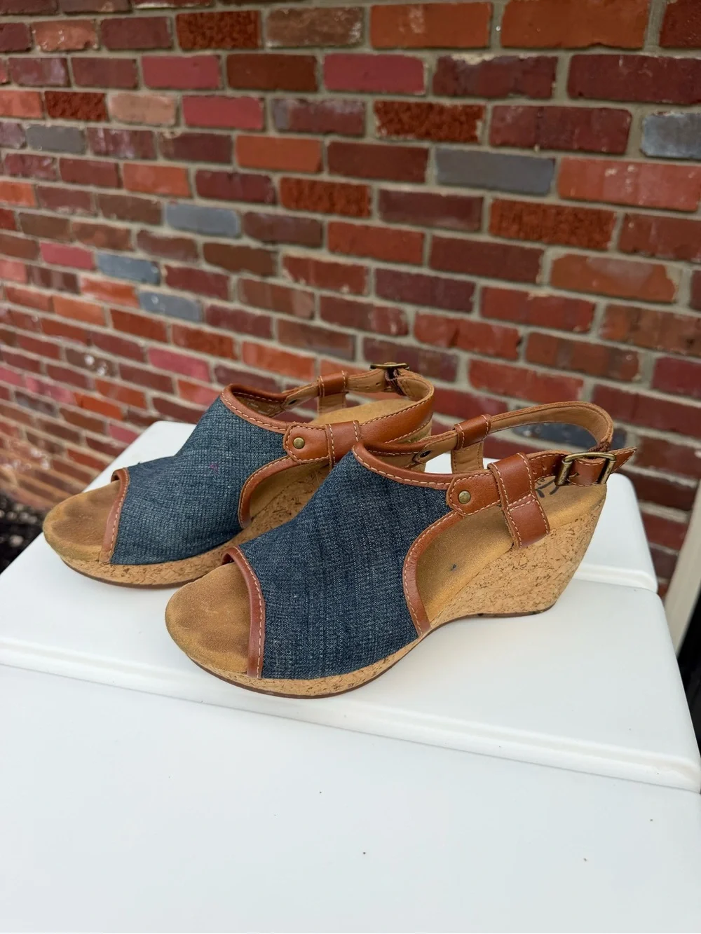 Clarks Denim and Brown Leather Open-Toe Wedge Sandals